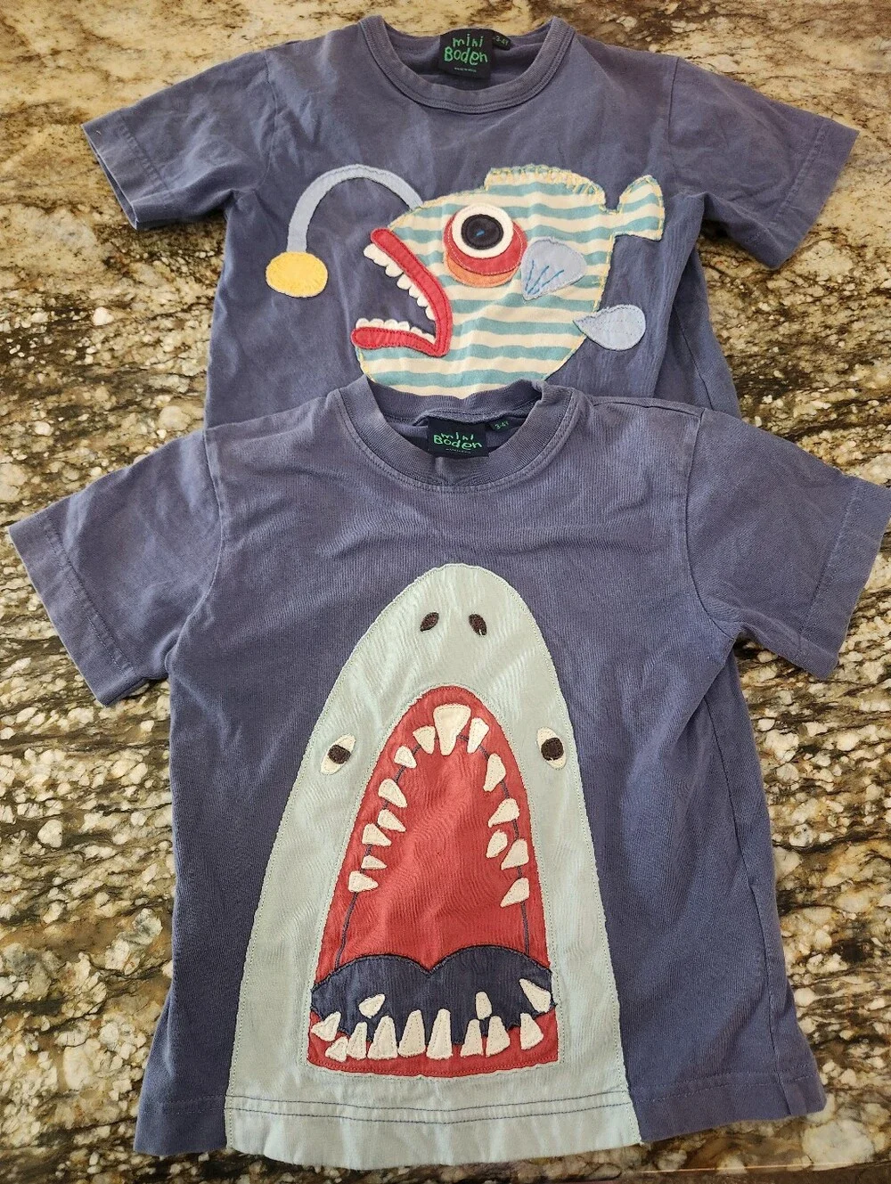 Mini Boden Navy Blue Tee with Red & Light Blue Shark Appliques 3/4